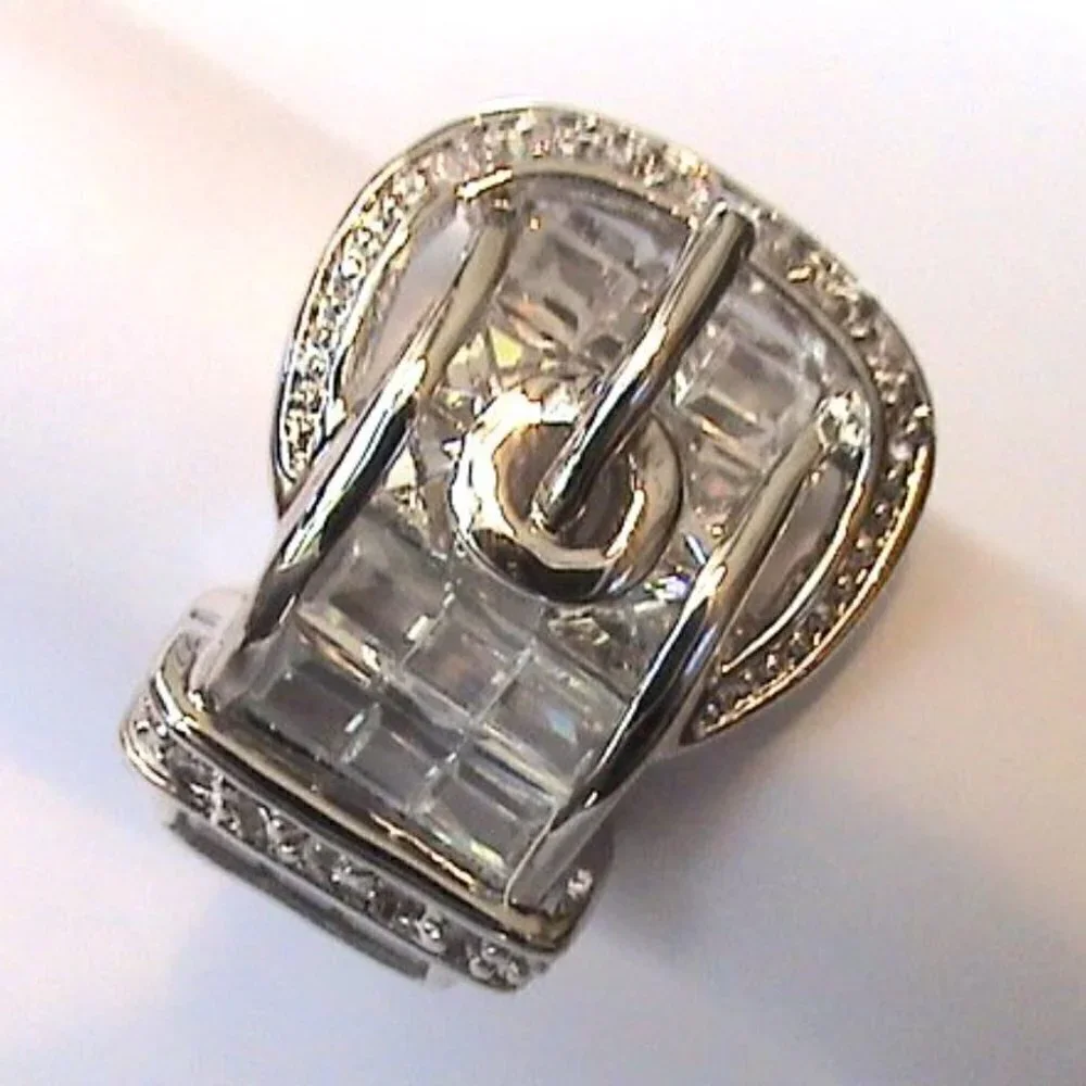 Ladies Clear Baguette Belt Buckle of Truth Cz Cubic Zirconia Silver Band Ring 8